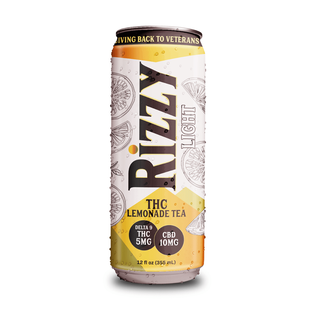 Rizzy THC Lemonade Ice Tea can with 5mg Delta-9 THC and 10mg CBD. Refreshing cannabis beverage in 12 fl oz size with citrus-themed design.