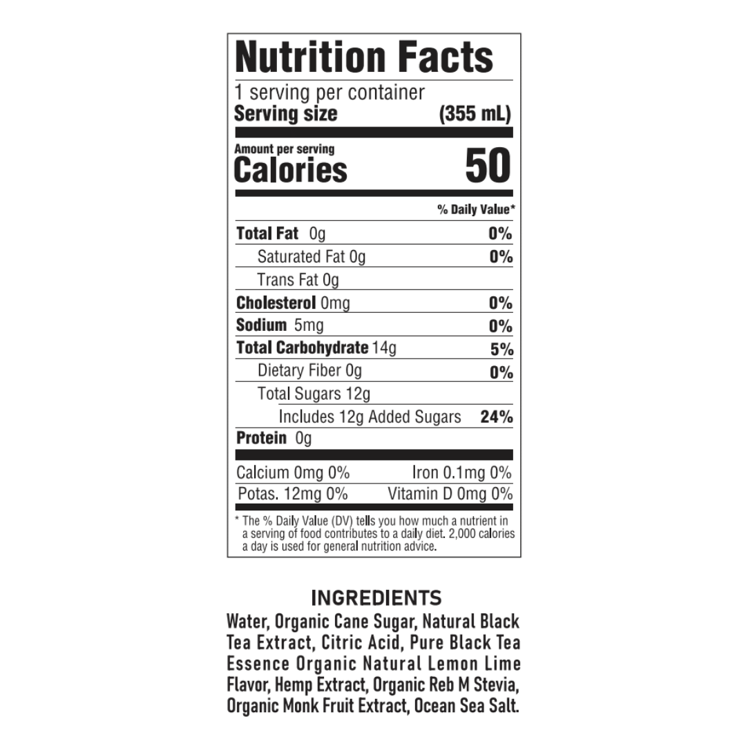 Nutrition label for RIZZY THC Lemonade Ice Tea showing 50 calories per 355ml serving with 12g added sugars. Includes organic ingredients and THC infusion.
