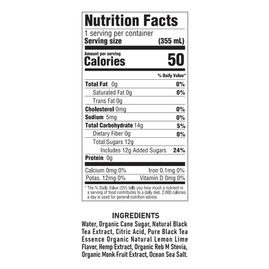 Nutrition label for RIZZY THC Lemonade Ice Tea showing 50 calories per 355ml serving with 12g added sugars. Includes organic ingredients and THC infusion.